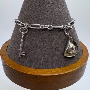 VTG Sterling Silver 925 Key & Hat Charm Link Bracelet Size 7.5" Length